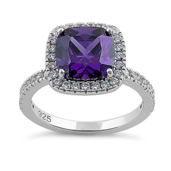 New Sterling Silver Amethyst Cushion Cut CZ Ring - Picture 1 of 4
